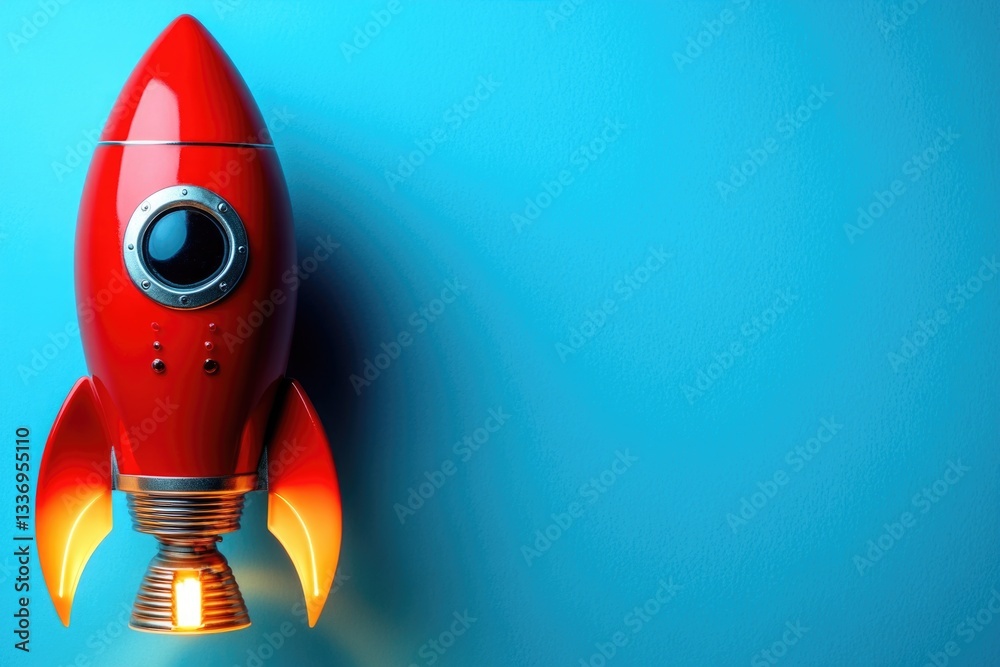 Poster a bright red rocket ship with a light bulb attached, suitable for use in illustrations about technol