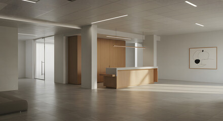 Fototapeta premium Empty office lobby with minimalist furniture and modern art corporate reception area