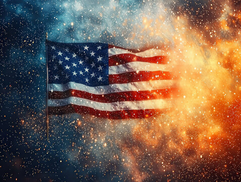 American flag waving in cosmic background, symbolizing freedom and unity