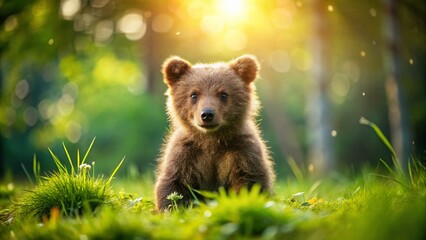 Obraz premium Adorable Brown Bear Cub in Miniature Wildlife Scene, Tilt-Shift Photography