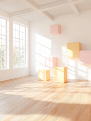 Fototapeta premium Bright and airy room with colorful geometric furniture pieces sunlight streaming in