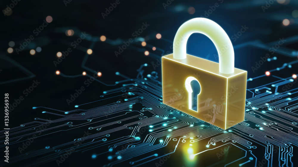 Poster digital padlock symbolizes data security and protection high tech environment, emphasizing importanc