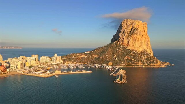 Aerial view of Calpe, Spain with Pe&ntilde;&oacute;n de Ifach and Mediterranean coast	
