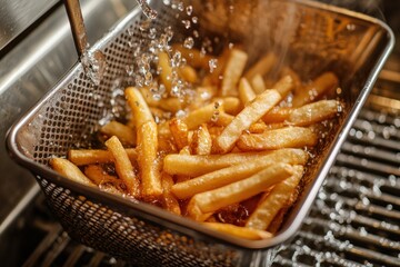Golden fries in commercial deep fryer basket with water splashes Generative AI