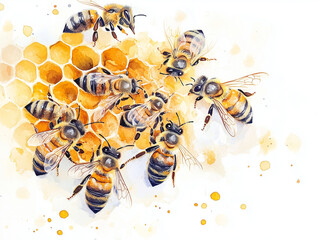 Watercolor Honey Bees on Honeycomb. Artistic Nature Illustration Honeycomb and Bees Hand-Painted Watercolor Art