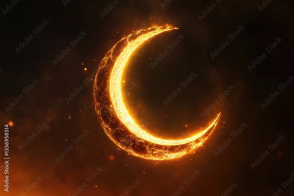 Poster a crescent-shaped object glows in the darkness of the night sky, with stars shining behind it