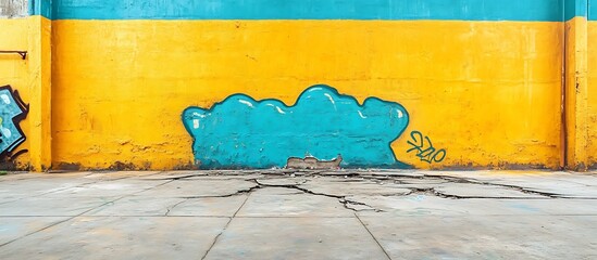 Graffiti art on cracked floor, yellow wall