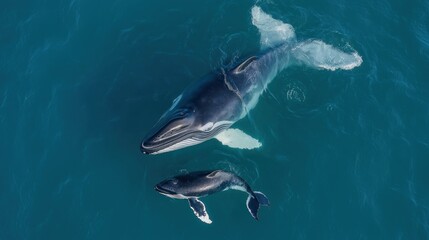Fototapeta premium Aerial view of humpback whale mother and calf swimming in open ocean waters