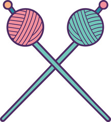 Vector illustration of crossed knitting needles with yarn, A playful vector design of two crossed knitting needles, each with a ball of yarn in pink and teal, symbolizing crafting and knitting.

