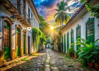 Fototapeta premium Aerial Double Exposure: Paraty's Colonial Charm & Lush Rainforest