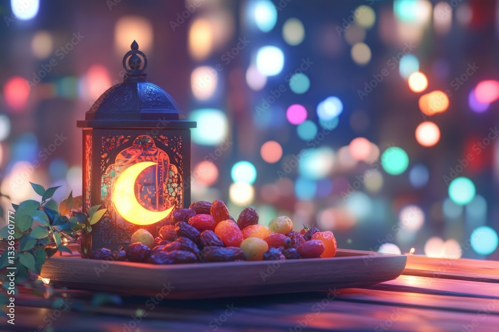 Poster a still life image featuring a plate of fruit and a lantern on a table