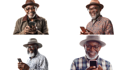 A happy senior African American man in casual attire, wearing glasses and hat while using his smartphone isolated on a transparent background, detailed photo, png 