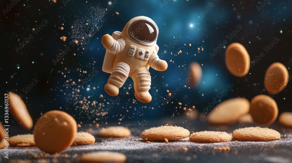 Aufkleber an astronaut floats above a plate of cookies, offering a unique and whimsical scene for use in edito