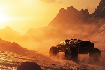 A vehicle drives on a dusty desert dirt road, ideal for outdoor adventures and travel stock photos