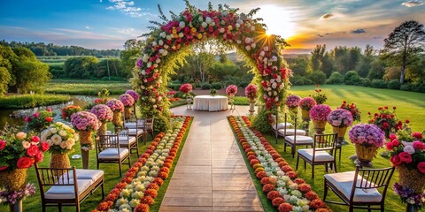Obraz premium Aerial Drone View Wedding Floral Arch & Arrangements, Flat Lay Design