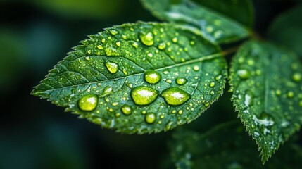 Nestled in a tranquil garden, droplets of water gracefully cling to the emerald surface of a leaf. This captures a moment of nature's artistry, glistening in the fresh morning light