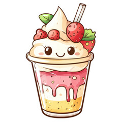Cute Cartoon Strawberry Sundae with Cherry and Whipped Cream