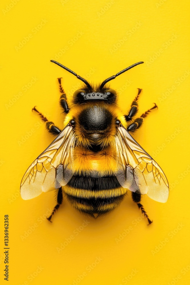 Poster a close-up view of a single bee on a bright yellow surface