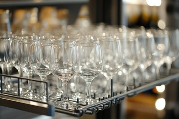 Industrial dishwasher with open racks containing clean glassware Generative AI