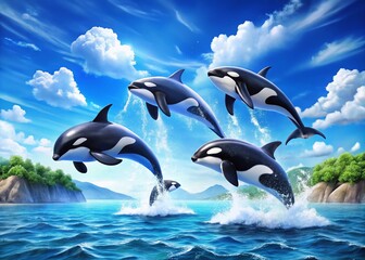 Fototapeta premium Aerial View Cartoon Orcas: Playful Killer Whales Soaring Above Ocean