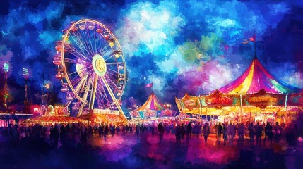 A lively carnival fills the night with joy as a large ferris wheel glows, surrounded by colorful tents and a bustling crowd enjoying the festive atmosphere filled with lights and laughter