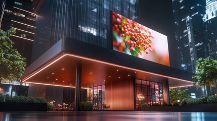 Obraz premium Modern Urban Building with Bright Digital Screen at Night