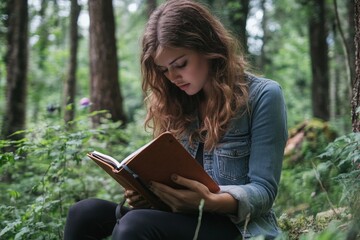 Fototapeta premium Young caucasian female reading in forest