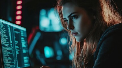 Focused caucasian female hacker analyzing code at night in dark room