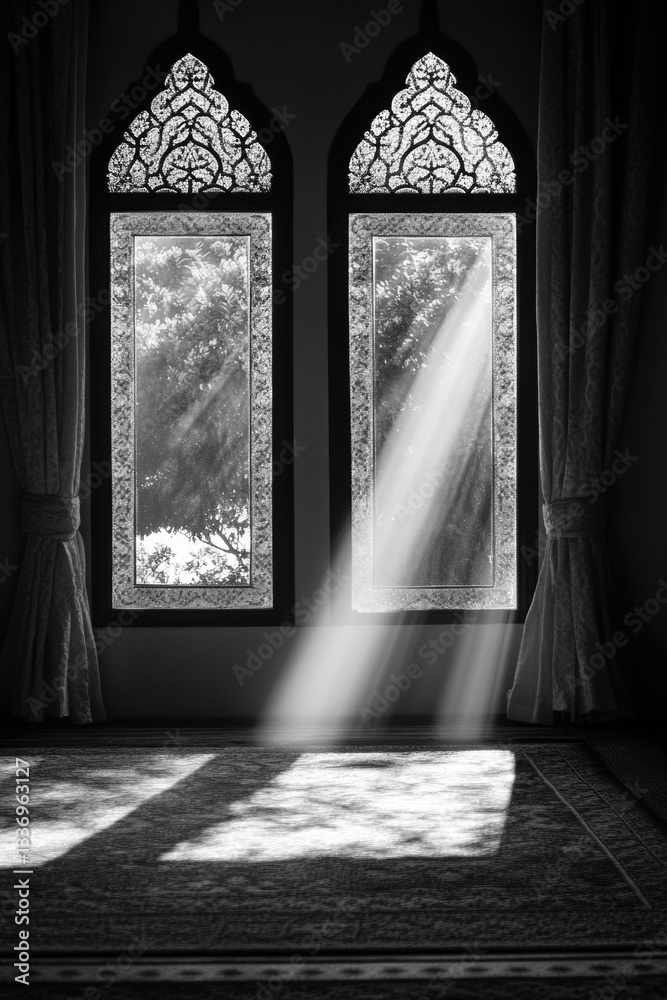 Aufkleber A black and white image of sunlight streaming in through two windows, creating a warm and inviting atmosphere
