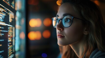 Focused young caucasian female coder analyzing code on computer screen in dimly lit room