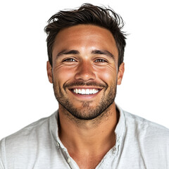 Fototapeta premium Headshot close-up portrait of a man smiling at camera isolated on transparent background.