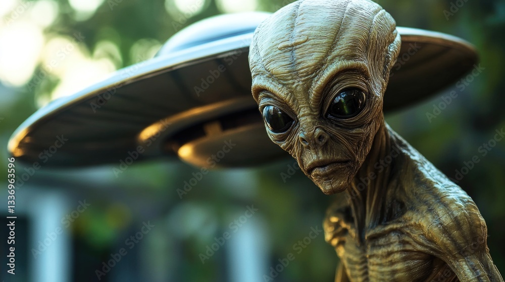 Poster A detailed view of a statuesque alien with a distant spaceship in the background, perfect for sci-fi or futuristic concepts