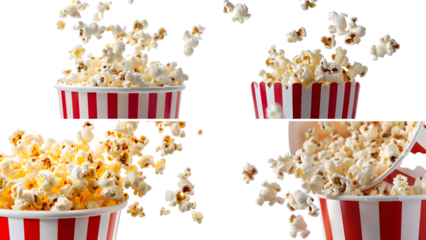 A red and white striped popcorn bucket pouring out popcorn isolated on transparent background, detailed photo, png 