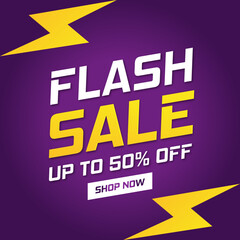 Flash Sale Shopping Social media post or banner with Flash icon and 3D text on purple background. Flash Sales 50% Off template design for social media and website.