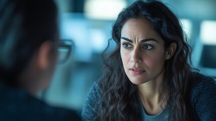 Young hispanic woman engaged in intense conversation with female colleague