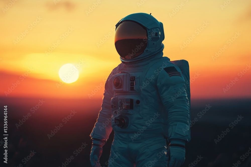 Poster astronaut standing in front of a vibrant orange and yellow sunset on a distant planet or moon
