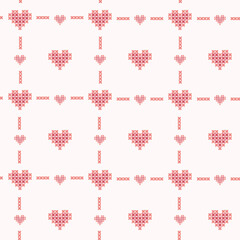 Colourful cute heart pixel seamless vector pattern. Pattern cross stitch with heart. Winter knitted checkered for Christmas theme for fabric, scarves, cards, scrapbooks, wrapping paper, and textiles