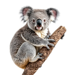 Fototapeta premium Portrait of a cute koala bear sitting on tree branch, isolated on transparent background.