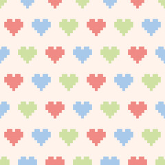 Colourful cute heart pixel seamless vector pattern. Pattern cross stitch with heart. Winter knitted checkered for Christmas theme for fabric, scarves, cards, scrapbooks, wrapping paper, and textiles