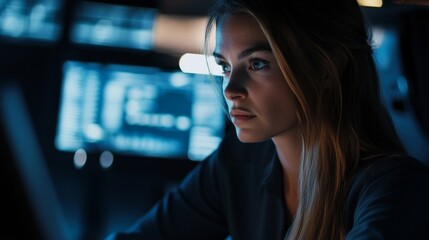 Focused caucasian female in tech environment analyzing data on screens