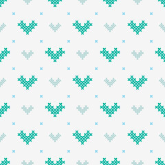 Colourful cute heart pixel seamless vector pattern. Pattern cross stitch with heart. Winter knitted checkered for Christmas theme for fabric, scarves, cards, scrapbooks, wrapping paper, and textiles