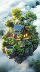 A floating eco-house surrounded by lush greenery, showcasing sustainable living, modern self-sufficient home blending with nature