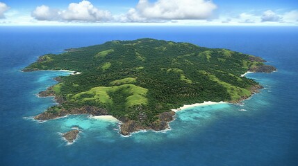 Fototapeta premium Lush tropical island paradise. Surrounded by vibrant turquoise water, showcasing dense vegetation and a pristine beach