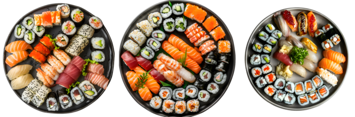 A top view of sushi platter on a gray plate isolated on a transparent background, detailed photo, png 