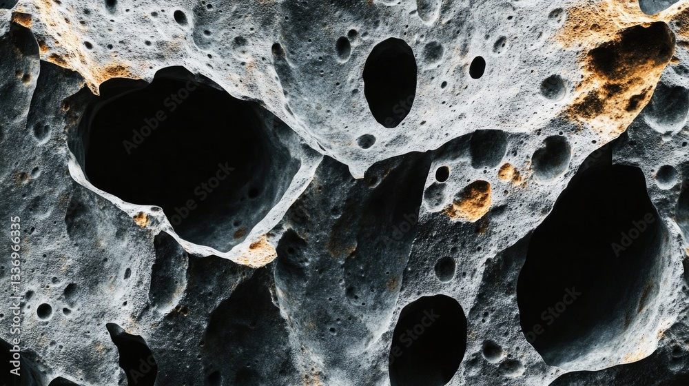 Poster a close-up shot of a rock with holes drilled into it, suitable for use in illustrations or designs w