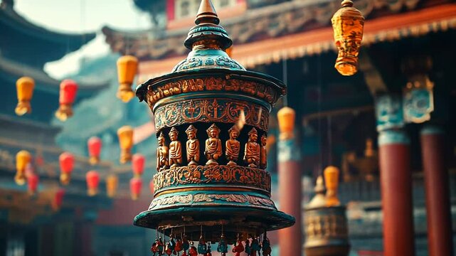 Intricate Temple Bell Ornament, Hanging Amidst Ancient Lanterns and Traditional Architecture