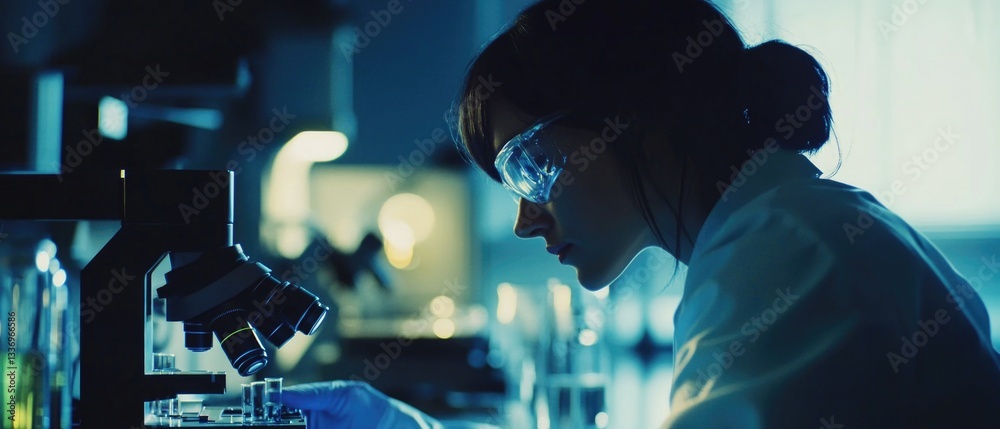 Poster A scientist examining a sample under a microscope