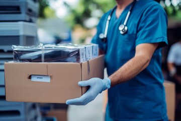 Male medical professional handling box of supplies outdoors