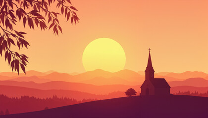 Obraz premium Silhouette of church at sunrise with willow branches, spiritual serenity