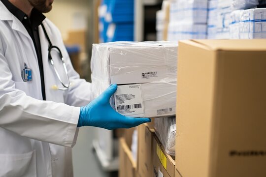 Male doctor handling medical supplies in hospital storage room